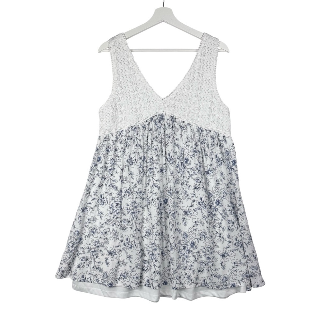 Hem & Thread Crochet Blue and White Floral Babydoll Sleeveless Dress Size L